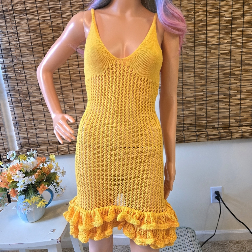 Yellow Crochet Dress Open Weave Ruffle Hem